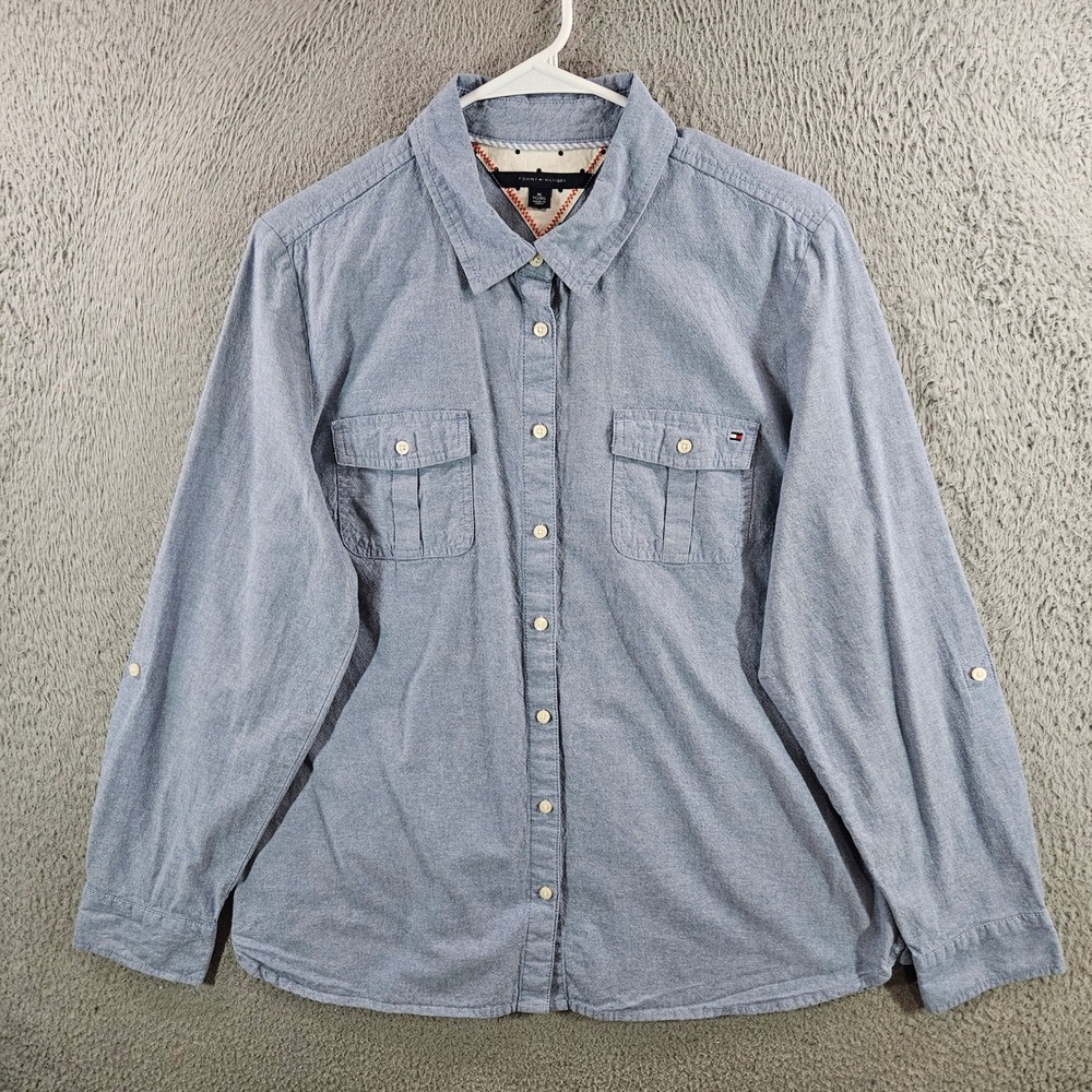 Tommy Hilfiger Womens XL Blue Cotton Roll Tab Sleeve Button Down Shirt